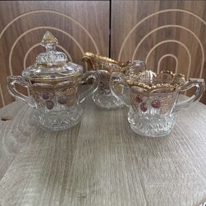 Antique EAPG Northwood Strawberry & Cable Sugar Bowl Creamer Set w/ Lid Handles